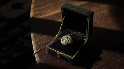 bezel. An heirloom emerald necklace and a family crest ring in an open velvet box. lifestyle magazines, social media lookbooks, designed for lifestyle magazines and social media content.
