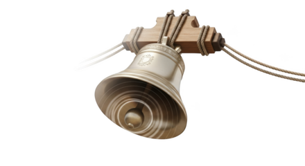 Bronze bell with wooden yoke and ropes on black metal