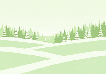 Light Green Winter Landscape with Snowy Fields