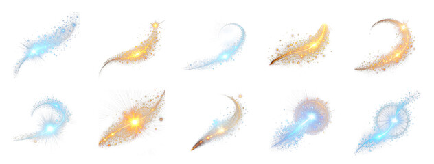 Collection of Glowing particle trail isolated on transparent background