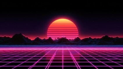 Retro 80s neon sunset with grid and mountains
