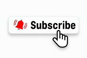 Digital graphic of a red notification bell icon next to the word subscribe on a white button with a cursor pointing to it