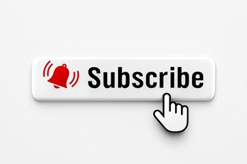 Clicking the red notification bell icon and subscribe button on a white background representing online engagement and channel growth