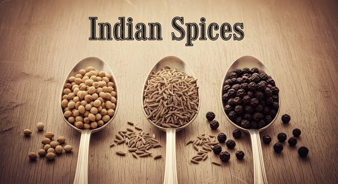 Three silver spoons with whole Indian spices: coriander seeds, cumin seeds, and black peppercorns on a rustic wooden background with text overlay