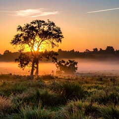 Naklejka premium Sunrise over a misty field with a lone tree