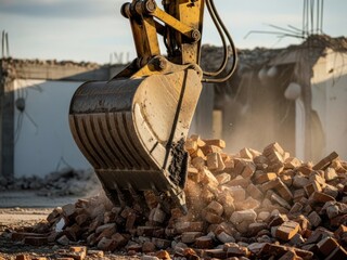 Excavator bucket scoops up rubble at a demolition site on a sunny day