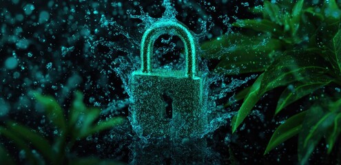 A glowing padlock splashes through water, framed by green leaves, against a dark background