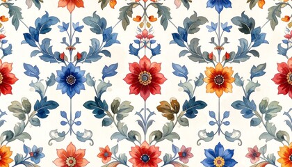 Colorful Symmetrical Floral Pattern with Red, Blue, and Yellow Blooms on Light Background