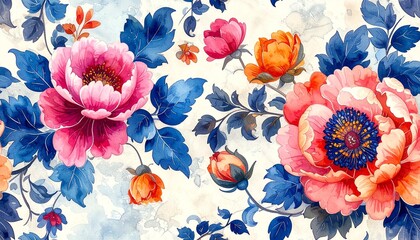 Colorful Symmetrical Floral Pattern with Red, Blue, and Yellow Blooms on Light Background
