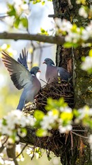 Two doves in a nest amongst blossoming branches