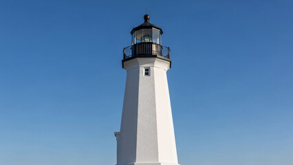 Historic white lighthouse standing tall against clear blue sky