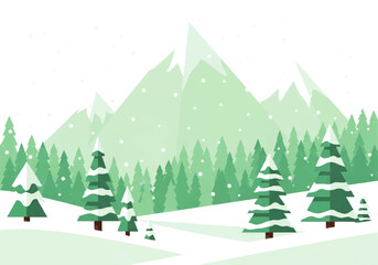 Winter Landscape with Green Mountains and Snow Pines
