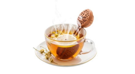 Hot chamomile tea with lemon and herbal infuser herbal tea