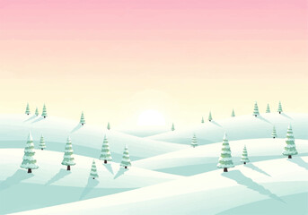 Sunset Winter Landscape with Snowy Hills