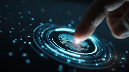 Finger pressing on a glowing blue fingerprint scanner for biometric identification and digital security access