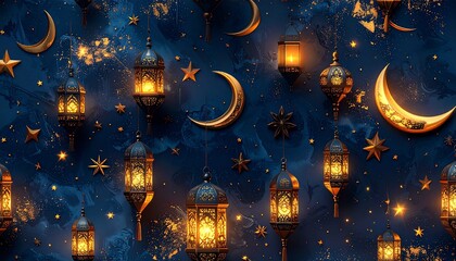 Decorative Night Sky with Glowing Lanterns, Crescent Moons, and Stars on Deep Blue Background