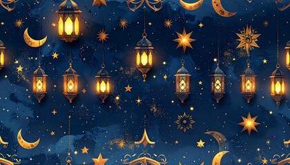 Decorative Night Sky with Glowing Lanterns, Crescent Moons, and Stars on Deep Blue Background