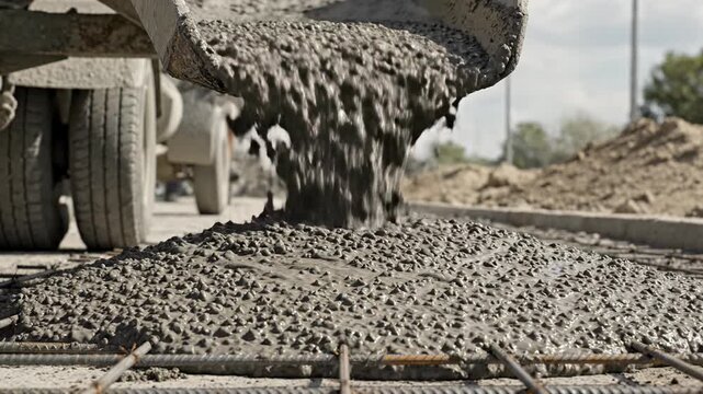 Detailed slow motion video of concrete mixer pouring on street, capturing the rough texture and subtle splashes under midday cloudy skies.