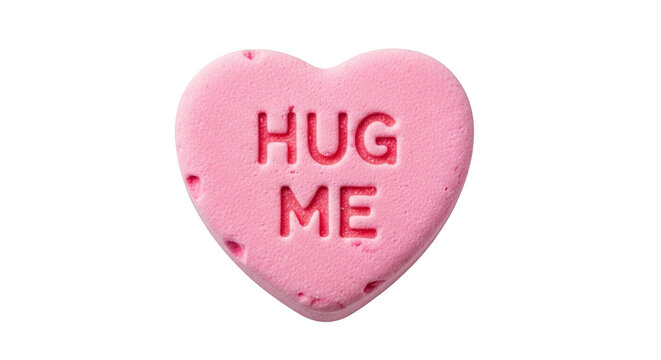 Pink heart candy with hug me text on black background