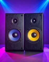 Two black speakers with vibrant blue and yellow cones