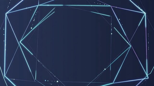Neon polygonal frame on dark blue background. Futuristic tech graphic border with glowing lines and light dots. Abstract geometric shape with empty center.
