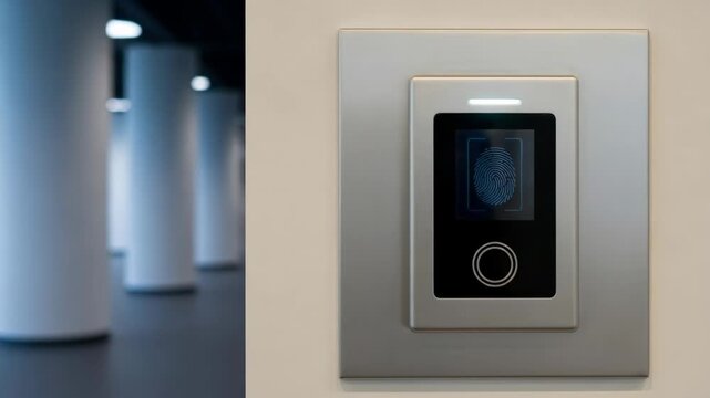 High-tech biometric security system displays fingerprint recognition, user interacts with touch sensor, showcasing advanced cyber security technology in action, camera follows motion	