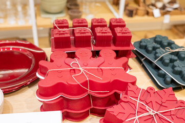 Red silicone baking molds for holiday cookies and cakes