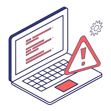 Isometric laptop with code on the screen and a warning sign indicating a problem or error displayed