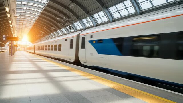 High-speed red train arriving at a modern railway station platform, illuminated by warm sunlight, showcasing sleek design and advanced technology in transportation	