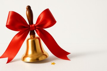Golden School Bell with Bright Red Ribbon for Knowledge Day