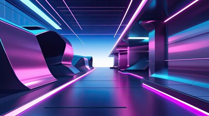 A futuristic corridor with sleek metallic surfaces and vibrant neon lights. The scene features a gradient of blue and purple hues, creating a high-tech atmosphere.