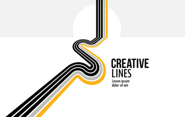 Future lines in 3D perspective vector abstract background, black and yellow linear composition, road to horizon and sky concept, optical illusion op art.