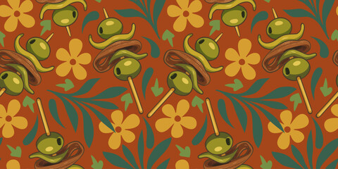 Vector seamless pattern with gilda canapes and flowers on orange background