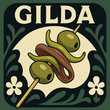 Gilda, canape with pickled pitted olives and hot green peppers with salted anchovy fillets on rustic wooden toothpick on vibrant decorative background