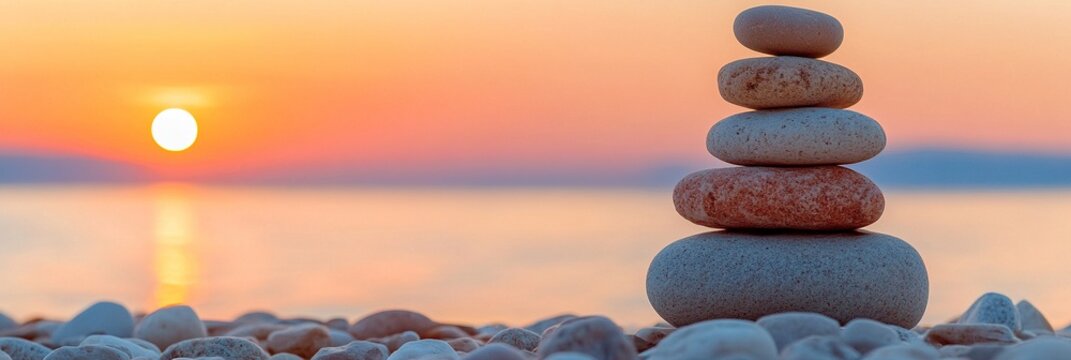 a stack of balanced stones on the beach at sunset, representing balance and tranquility for self-care and mental health, web banner with copy space, wide banner, zen tower