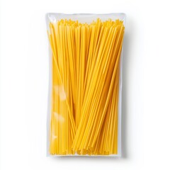 Uncooked spaghetti pasta in clear plastic package