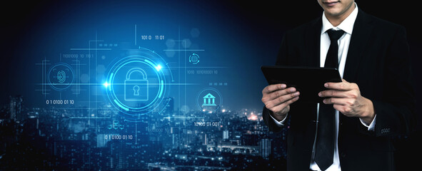 Cybersecurity system interface with biometric lock and data protection. Cybersecurity protects access, identity, cyber security prevents threats, and cyber security supports digital systems. Vouch