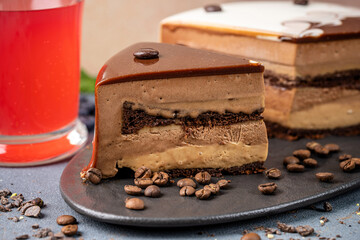 Coffee mousse cake slice closeup