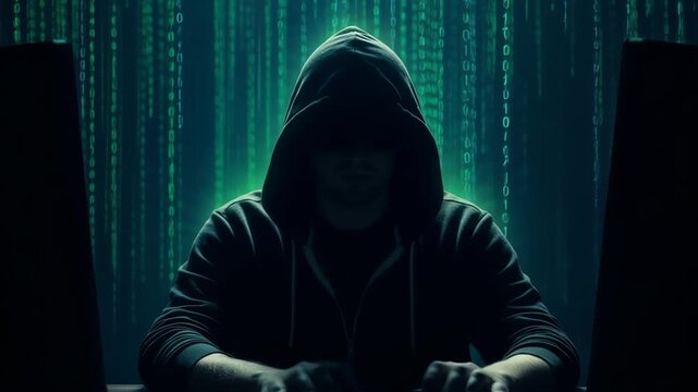 Mysterious figure in dark hoodie sits at computer, illuminated by green binary code, creating an atmosphere of secrecy and intrigue in the digital world of hacking and cybersecurity	