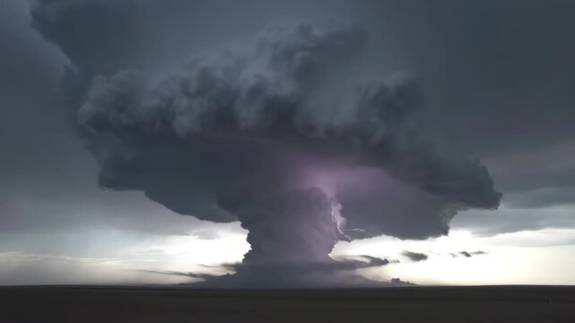 Dramatic wide shot of a massive mushroom-shaped supercell storm with powerful lightning flashes over an empty landscape
