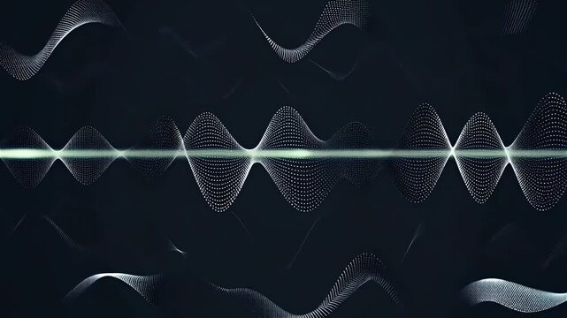Quantum particle waves glowing horizontally. Abstract digital sound frequency with blinking dots for secure communication concept on dark background.