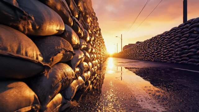 Cinematic tracking shot of sandbag barriers on street, weathered and textured, illuminated by setting sun with dramatic shadows and reflections.