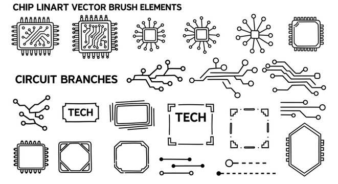 Chip Linart Vector Brush Elements and Circuit Branches.