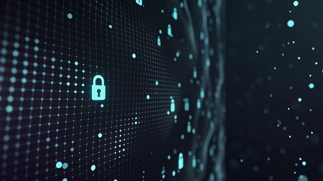 Security padlock symbols on quantum grid glowing blue. Abstract digital mesh with micro locks for cybersecurity and data encryption concept on dark background.