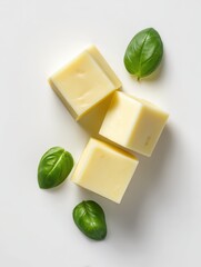 Cubes of cheese with fresh basil leaves on white background