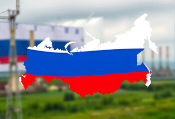 Abstract Silhouette of Russia Map in Flag Colors on Misty Industrial Scene with Smokestacks, Foggy Horizon, and Vibrant Green Fields