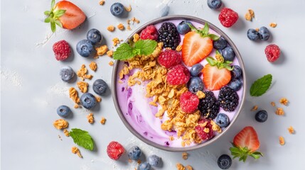 Berry Delight: A vibrant bowl overflows with a colorful array of fresh berries, complemented by crunchy granola and creamy yogurt, offering a visual and culinary symphony of flavors. 