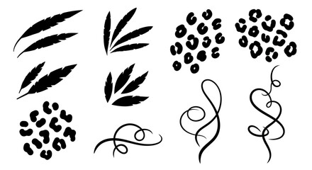 Collection of black abstract design elements including feathers, leopard spots, and swirls. © Dika