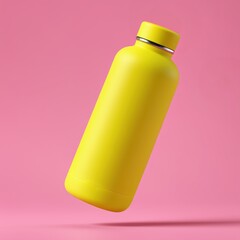 Yellow reusable water bottle floating on pink background