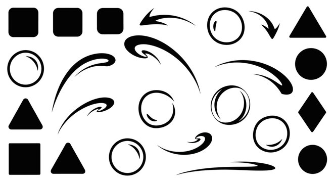 Collection of black geometric shapes and abstract swoosh elements.